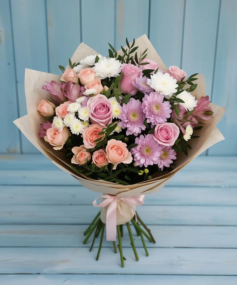 Букет цветов из: Хризантемы, Розы и Альстромерии в Южном Краснодарского края