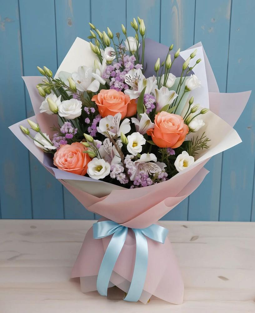 Букет цветов из: Лизиантусы, Розы, Альстромерии и Гипсофила в Южном Краснодарского края