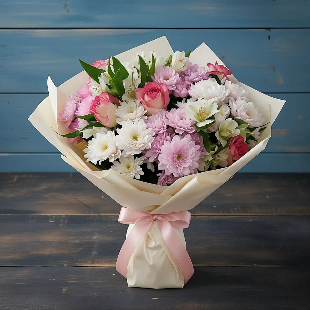 Букет цветов из: Хризантемы, Альстромерии и Розы в Южном Краснодарского края